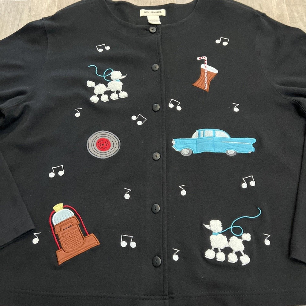 Bechamel Cardigan Sweater Womens Size XL 50s Design Poodle Music Car Sock Hop - Picture 3 of 9